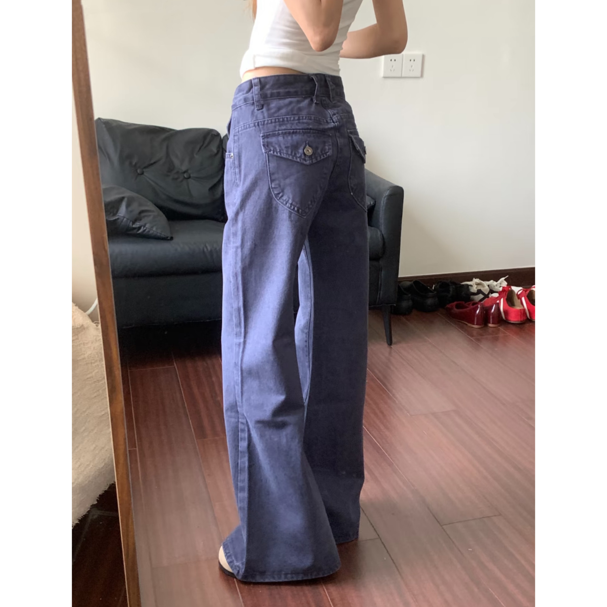 美式法工蓝低腰工装女新款直筒裤