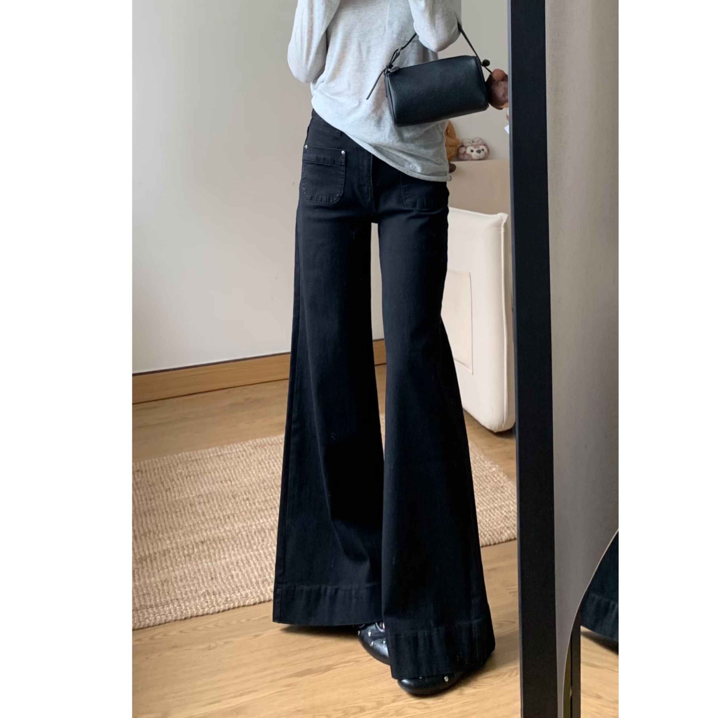 美式复古黑色阔腿牛仔裤女新款高腰宽松显瘦直筒不贴腿微喇叭裤子