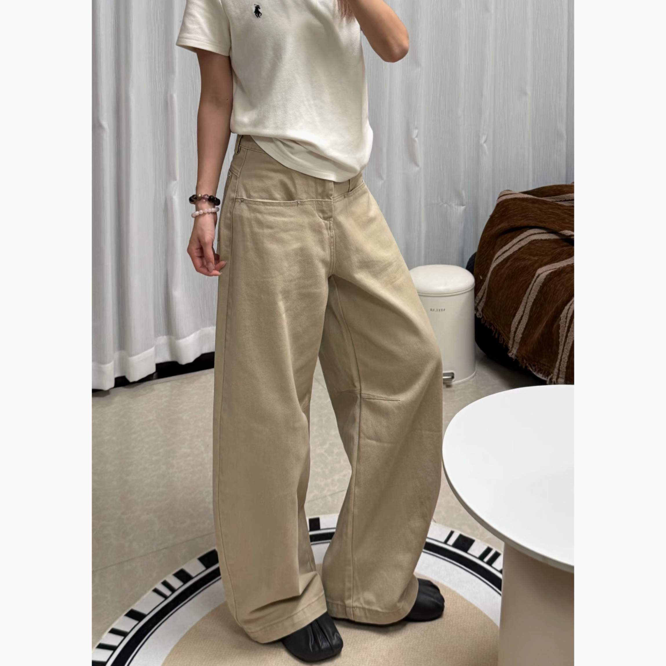 美式复古卡其高腰显瘦阔腿牛仔裤