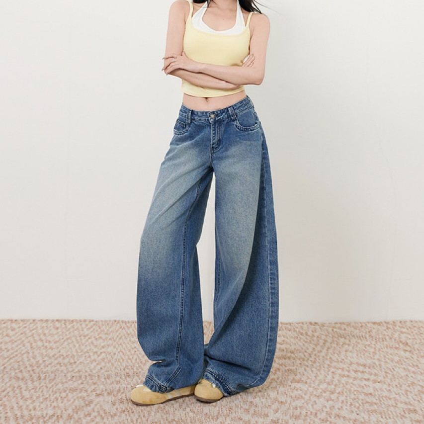 美式复古宽松阔腿裤百搭低腰直筒牛仔裤女小个子梨形身材长裤子mu