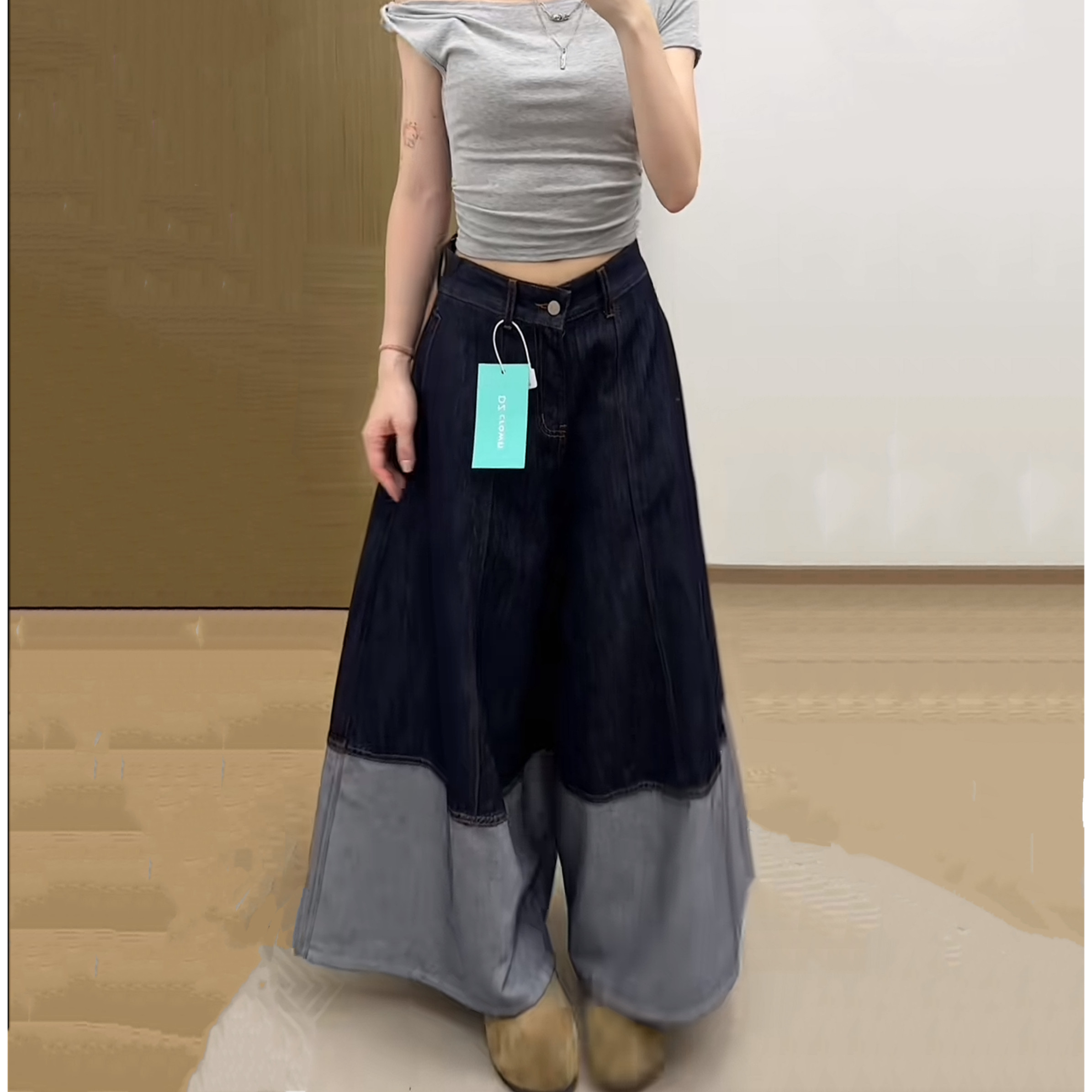 林允同款拼接九分阔腿牛仔裤女