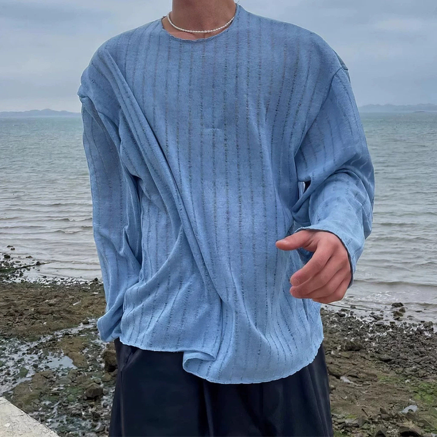 Upscale潮人 蓝色时尚防晒长袖T恤男夏季多巴胺穿搭上衣休闲潮流