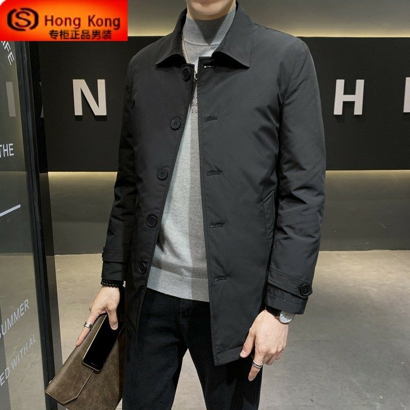 羽绒服男中长款冬季2025年新款大码轻薄潮牌翻领修身风衣男士外套