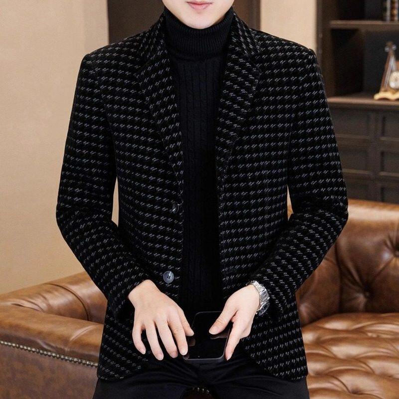 格子夹克男秋冬季新款加厚韩版修身呢子西装外套男装潮流毛呢大衣