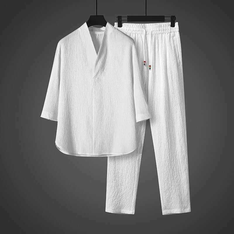 潮牌亚麻套装男士夏季短袖休闲宽松冰丝中国风运动大码棉麻两件套