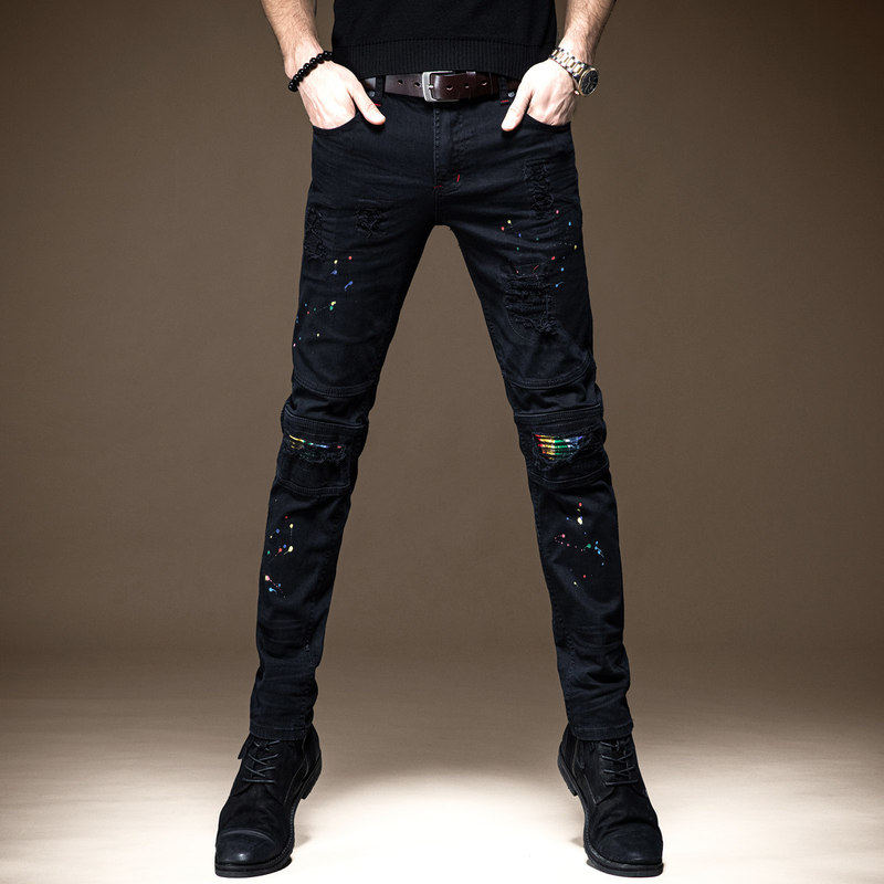高端秋冬加绒破洞补丁牛仔裤男潮牌嘻哈泼墨修身小脚男士潮流裤子
