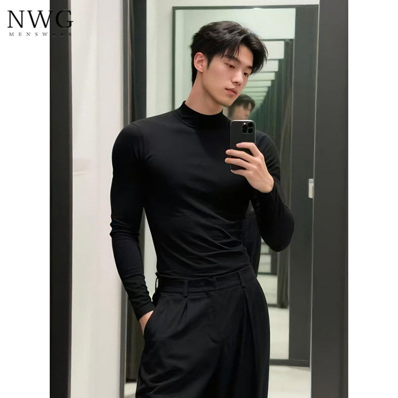 半高领德绒打底衫男秋冬季高级感美式内搭修身长袖T恤男休闲上衣