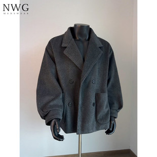 双排扣毛呢大衣男秋冬季新款加绒加厚短款西装外套男翻领休闲风衣