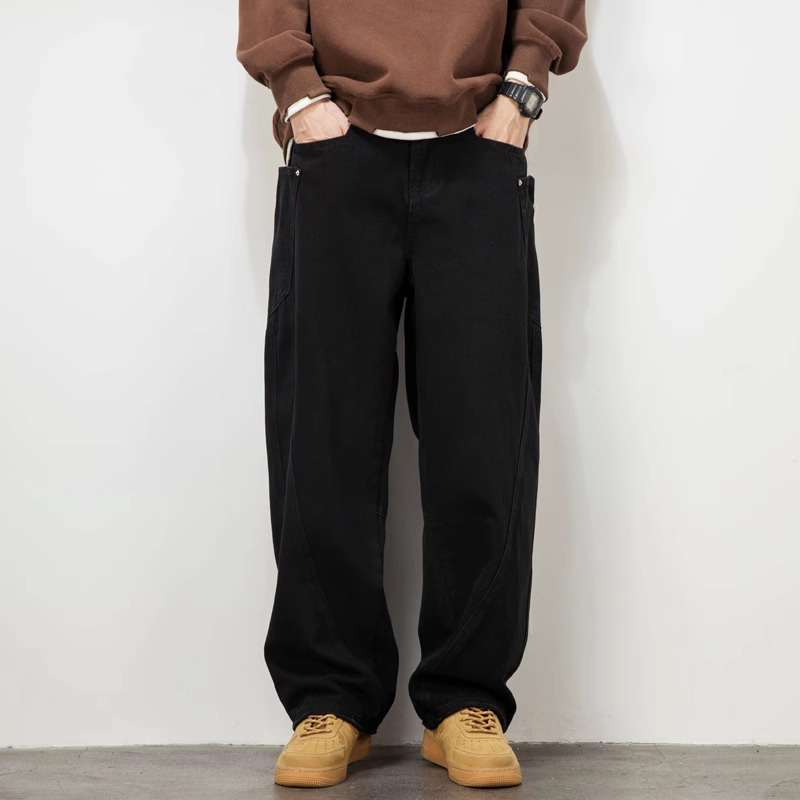 秋季新款黑色牛仔裤男宽松直筒设计感垂感阔腿潮牌长裤休闲弯刀裤