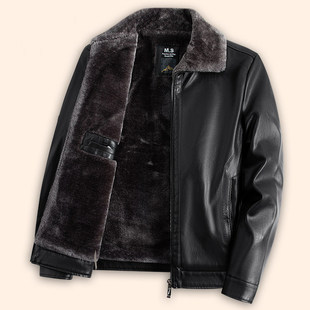 皮衣男冬季2025新款加绒加厚翻领毛领上衣中年爸爸装保暖休闲外套