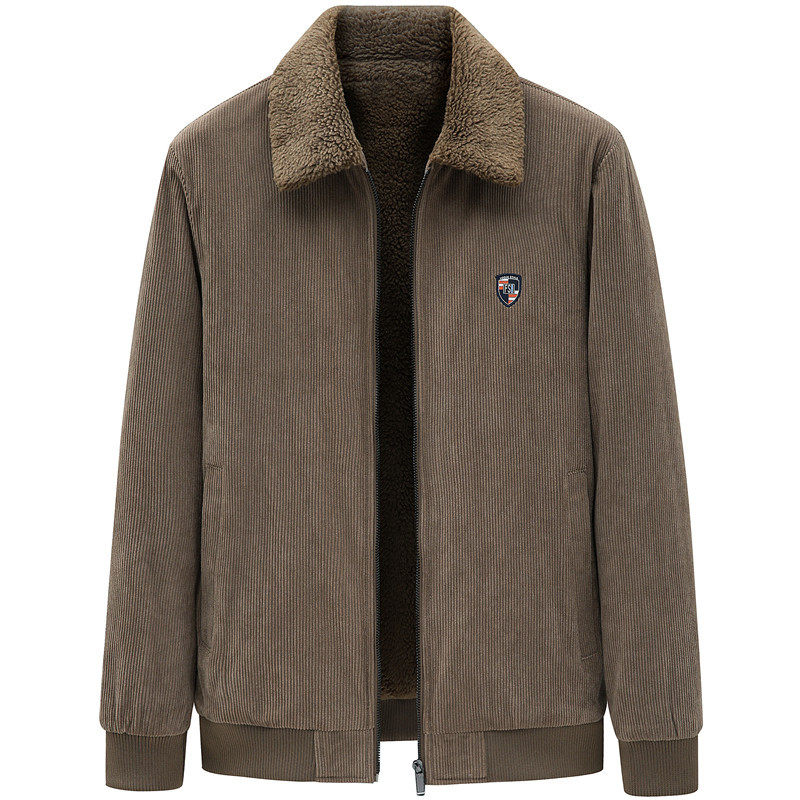 灯芯绒夹克男秋冬季翻领加绒保暖爸爸冬款羊羔绒棉衣高端男士外套