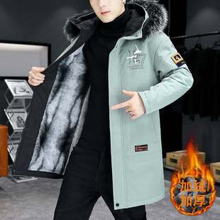 羊羔绒外套男中长款棉衣冬季2025年新款潮流修身加绒加厚毛领棉服