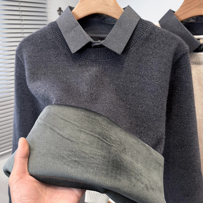 GM新潮 加厚毛衣针织衫男士秋冬季加绒衬衫领假两件保暖内搭上衣