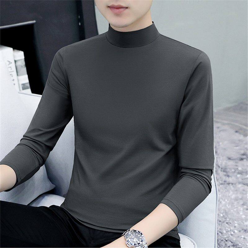 高端男装半高领内搭春秋冬款打底衫纯棉长袖t恤纯色中领加绒加厚