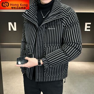 男士羽绒服短款2025新款冬季爆款加厚皮袄子条纹高端免洗休闲外套