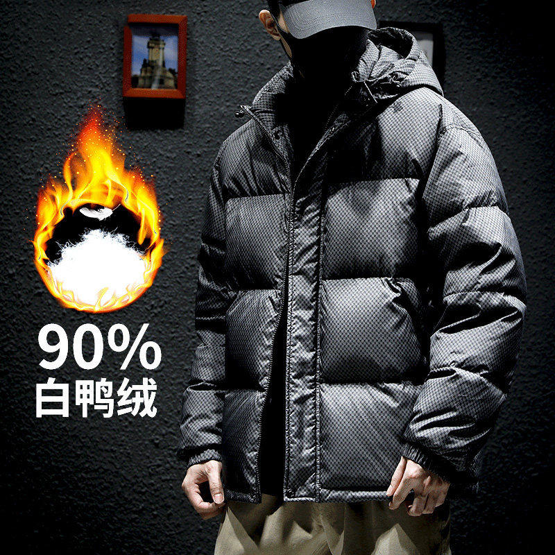 短款亮面羽绒服男潮牌冬季加厚美式潮流大码工装外套男保暖面包服