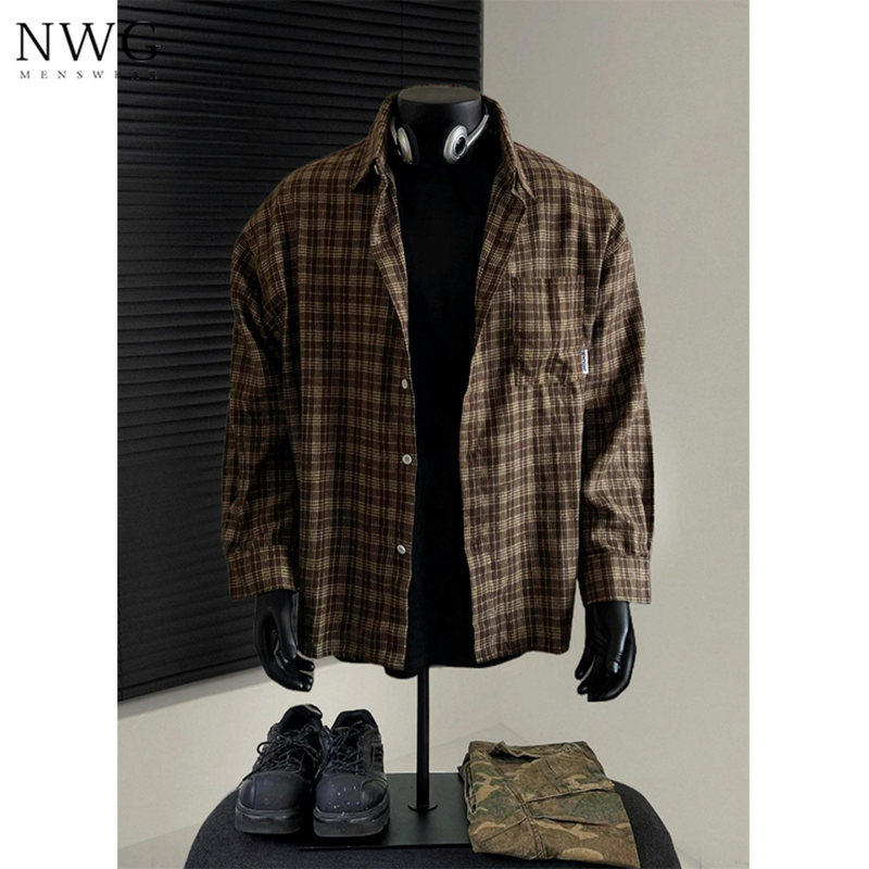 棕色格子衬衫男秋冬季2025新款纯棉美式复古内搭长袖衬衣休闲外套