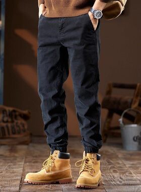 it neith BIAS秋冬季加绒工装裤男士纯棉高端黑色束脚冲锋休闲裤