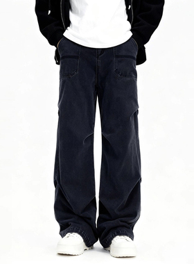 AWRB宽松阔腿褶皱牛仔裤男秋冬季水洗深色口袋工装设计感休闲裤子