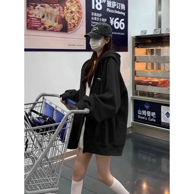 100%纯棉美式复古拉链开衫卫衣女秋冬季加绒加厚oversize连帽外套