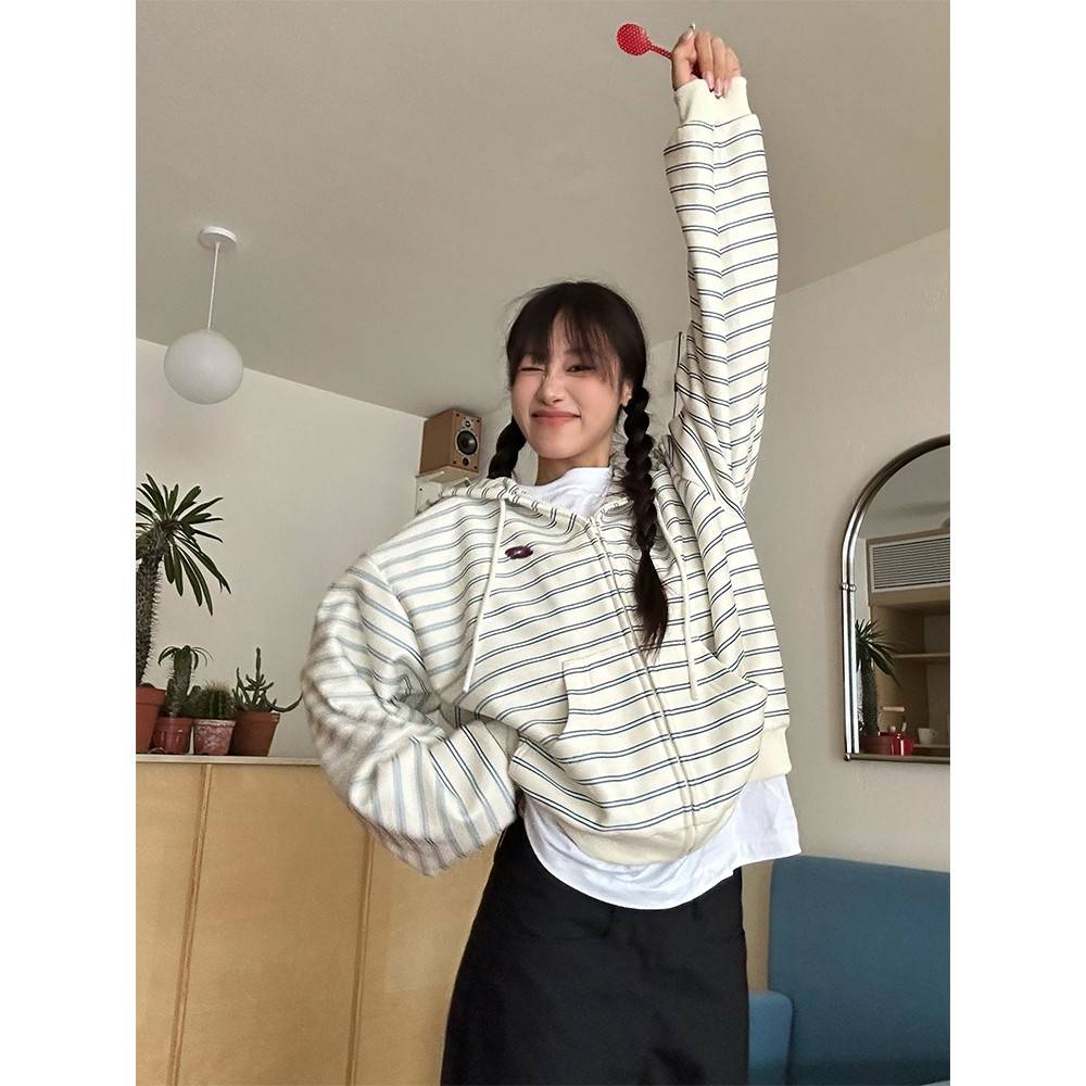 CGGA自制秋季美式复古慵懒风宽松条纹开衫连帽卫衣女休闲长袖外套