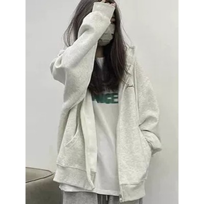 纯棉美式复古拉链开衫灰色卫衣女2025新款春秋季薄款加绒连帽外套