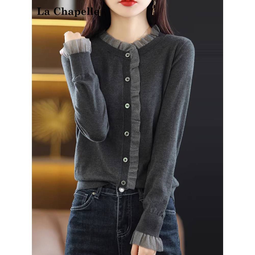 拉夏贝尔蕾丝针织开衫女春秋毛衣外套薄款大码打底衫洋气外搭上衣