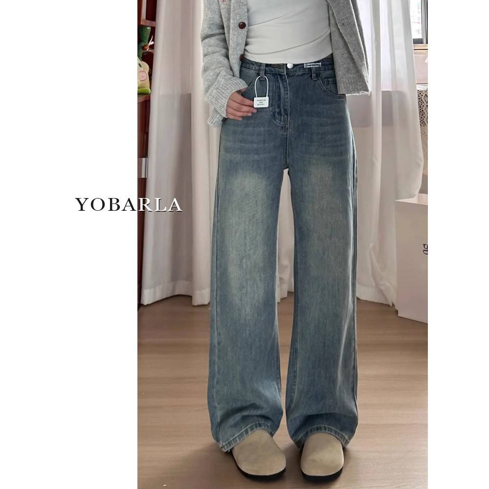 复古蓝直筒牛仔裤女夏季新款高腰胖mm大码显瘦梨形身材宽松阔腿裤