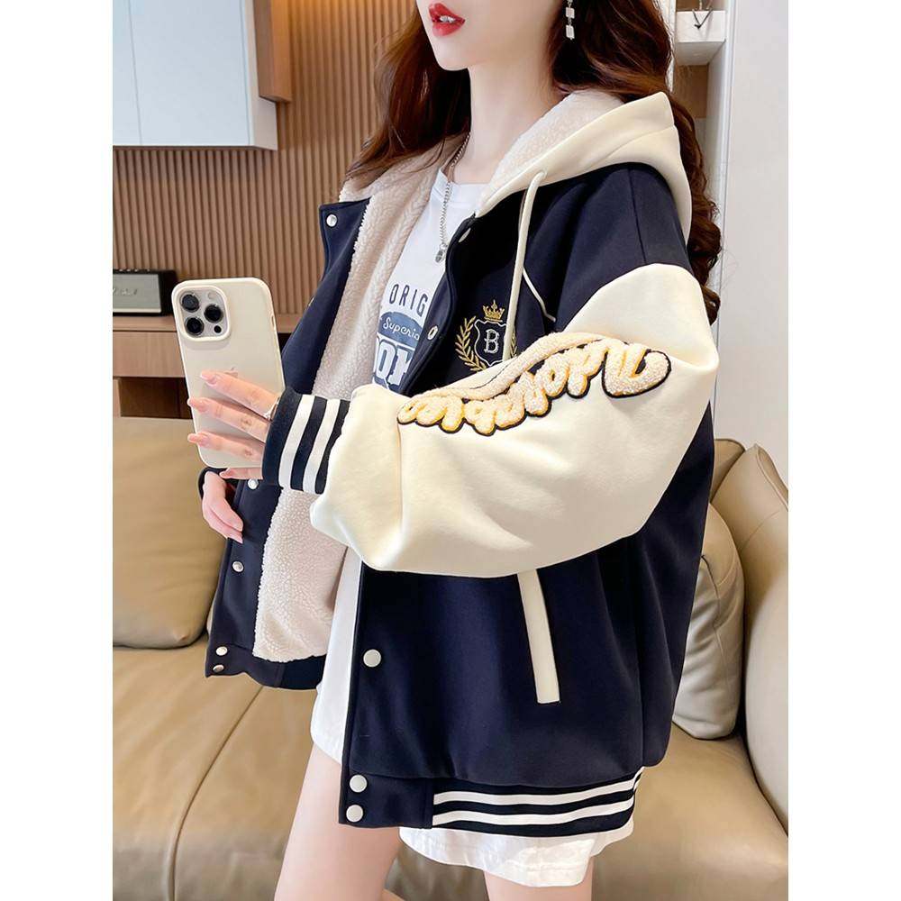 羊羔毛卫衣外套女秋冬加绒加厚棉服2025新款初高中学生大童棒球服