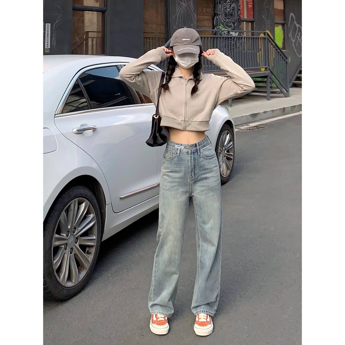 纯哥家高腰直筒牛仔裤女2025春季新款宽松显瘦复古浅色阔腿拖地裤