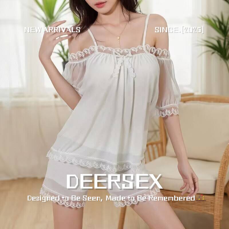 连云港卡玫雪公主风一字肩白色睡衣套装透气蕾丝吊带网纱纯风家居