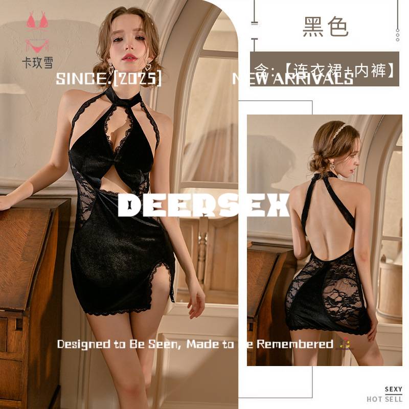 连云港卡玫雪卡玫雪内衣纯蕾丝拼接丝绒气质显瘦挂脖古典旗袍蕾丝