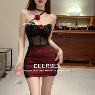 灌云情服饰内衣厂禁欲系灌云抹胸纯网纱撞色包臀花朵拼接包臀连衣