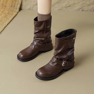 棕色西部牛仔裤管短靴女子褶皱堆堆黑擦色圆头复古粗跟骑士马丁靴