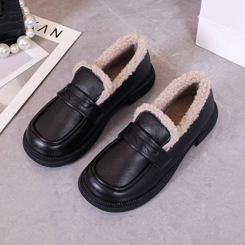 二棉鞋女秋冬加绒乐福鞋黑色小皮鞋一脚蹬羊羔毛毛豆豆配裙子单鞋,女鞋,乐福鞋（豆豆鞋）,淘宝优惠券,粉丝福利购,淘宝优惠卷