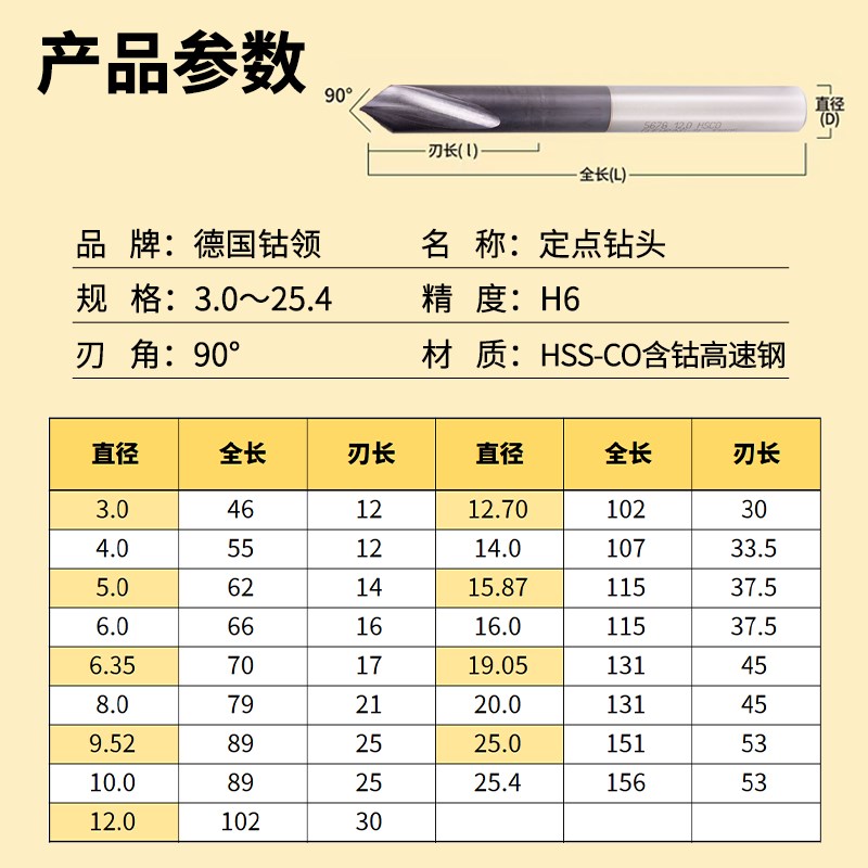 进口钴领定点e钻HSS-CO含钴90高钴涂层定心钻倒角刀D3D4D6D8