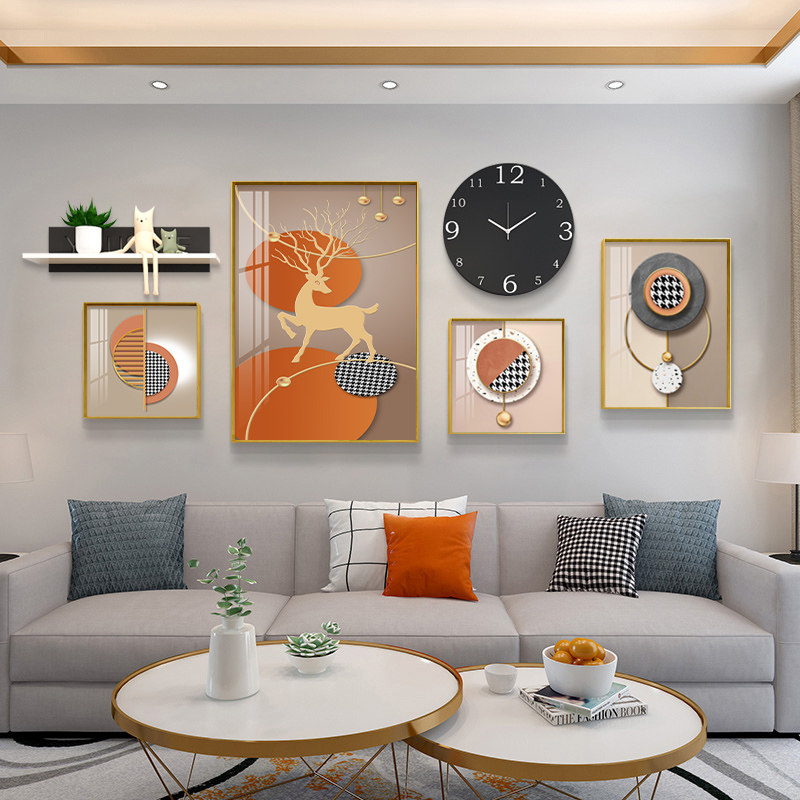 现代轻奢客厅装饰画北欧简约沙发背景墙挂画创意钟表组合墙面壁画