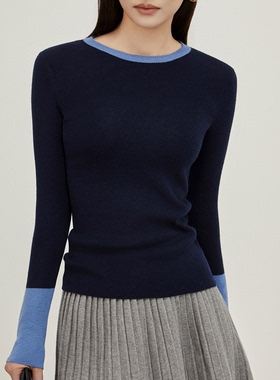 拼接撞羊毛混纺针织衫秋冬新款修身百搭高级感打底圆领毛衣