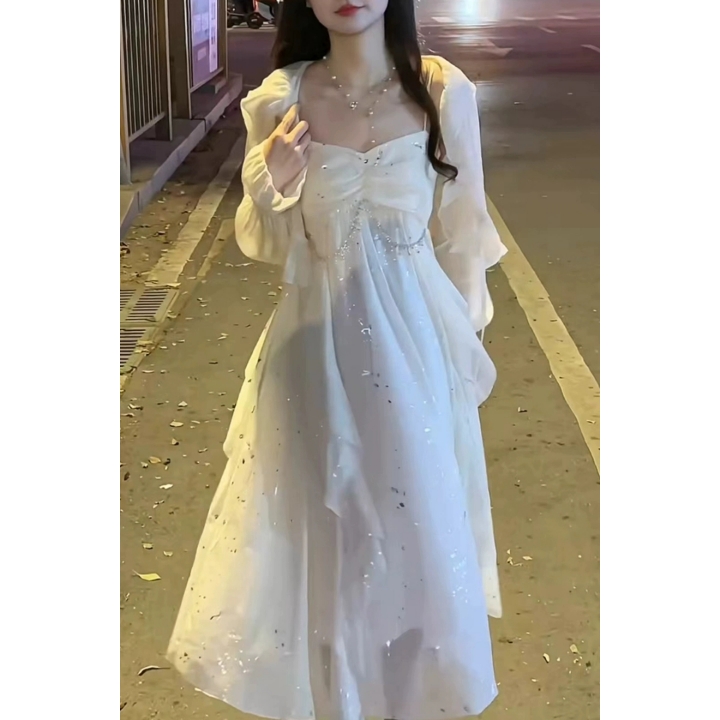 荷叶边不规则吊带连衣裙女温柔长袖雪纺披肩裙两件套 有现货