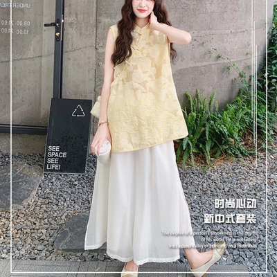 国风新中式蕾丝套装女2025夏新款设计感无袖旗袍上衣阔腿裤两件套