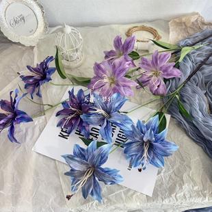 蓝紫色婚庆百合花假花拍照道具家居摆件福桶花 复古3D打印小百合