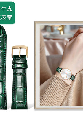 适用于天梭浪琴天珺CK天王dw阿玛尼表带真皮绿色鳄鱼纹针扣男女