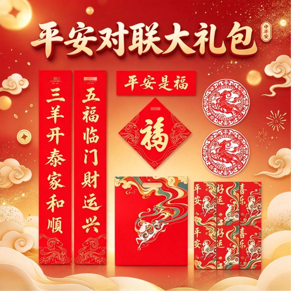 2027羊年新春平安保险对联大礼包六件套门神台历挂历福字春联定制