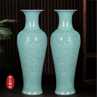 景德镇落地大花瓶摆件陶瓷器客厅影青牡丹开业中式别墅大号装饰品