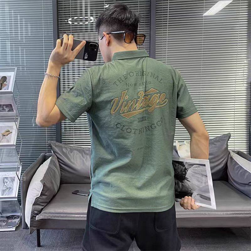夏季半袖修身刺绣冰丝翻领短袖男