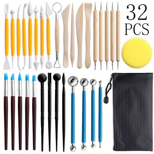 跨境陶艺工具32件套装粘土泥塑雕刻刀硅胶点钻笔丸棒陶泥工具