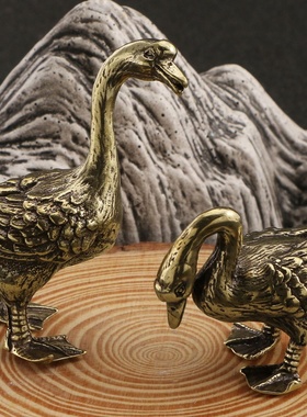 古铜工艺品古黄铜对鹅摆件茶席茶宠家居办公室装饰摆件收藏品