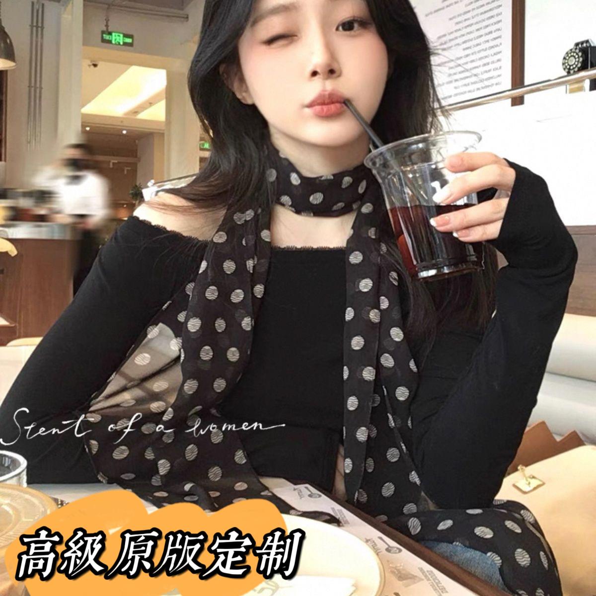 误当了韩剧女主!多用式复古波点长条丝巾女海边度假系脖领巾发带