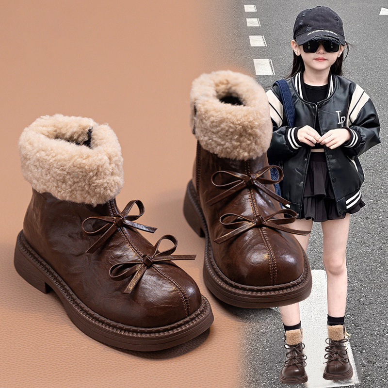 女童靴子黑色加绒毛毛雪地靴冬季