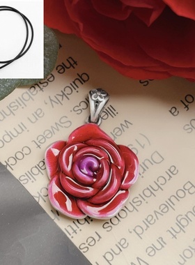 简约时尚多色珊瑚粉合成玫瑰花吊坠项链流行百搭毛衣链